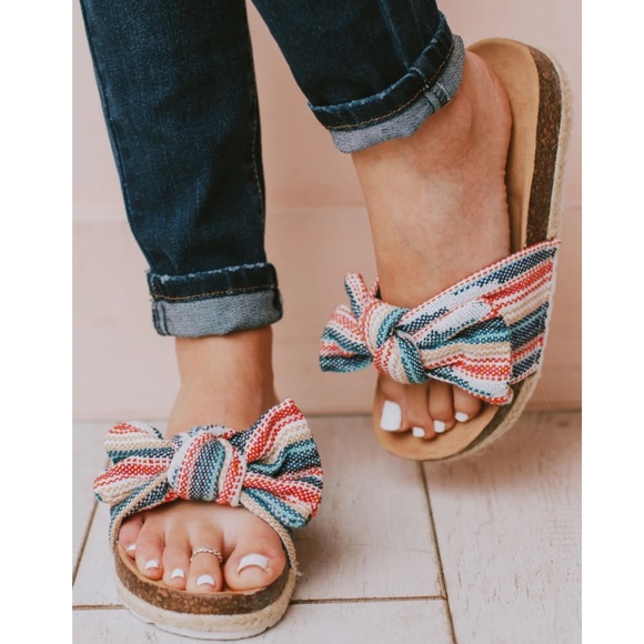 Shoes - Multi Colored Slip On Linen Fabric Bow Sandals